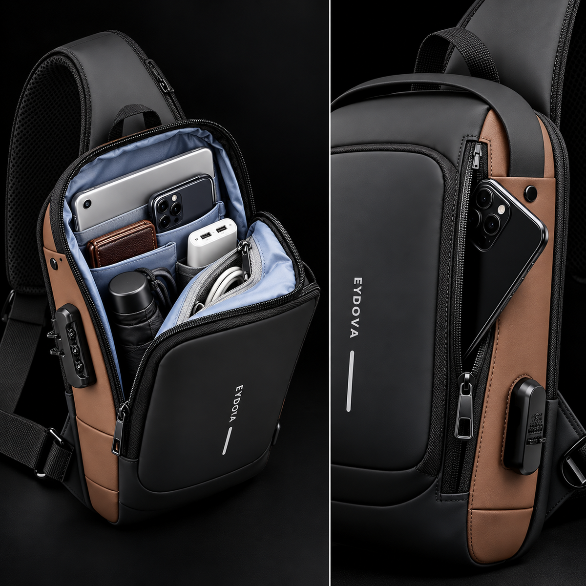 EYDOVA anti-theft sling bag storage and security details